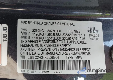 2019 Acura Rdx Standard z USA, uszkodzony, nr VIN 5J8TC2H34KL028904